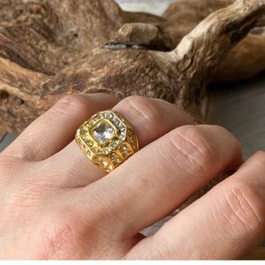 Gold &  Sterling Silver Signet Ring with Crystal Rhinestones Stamped 925
